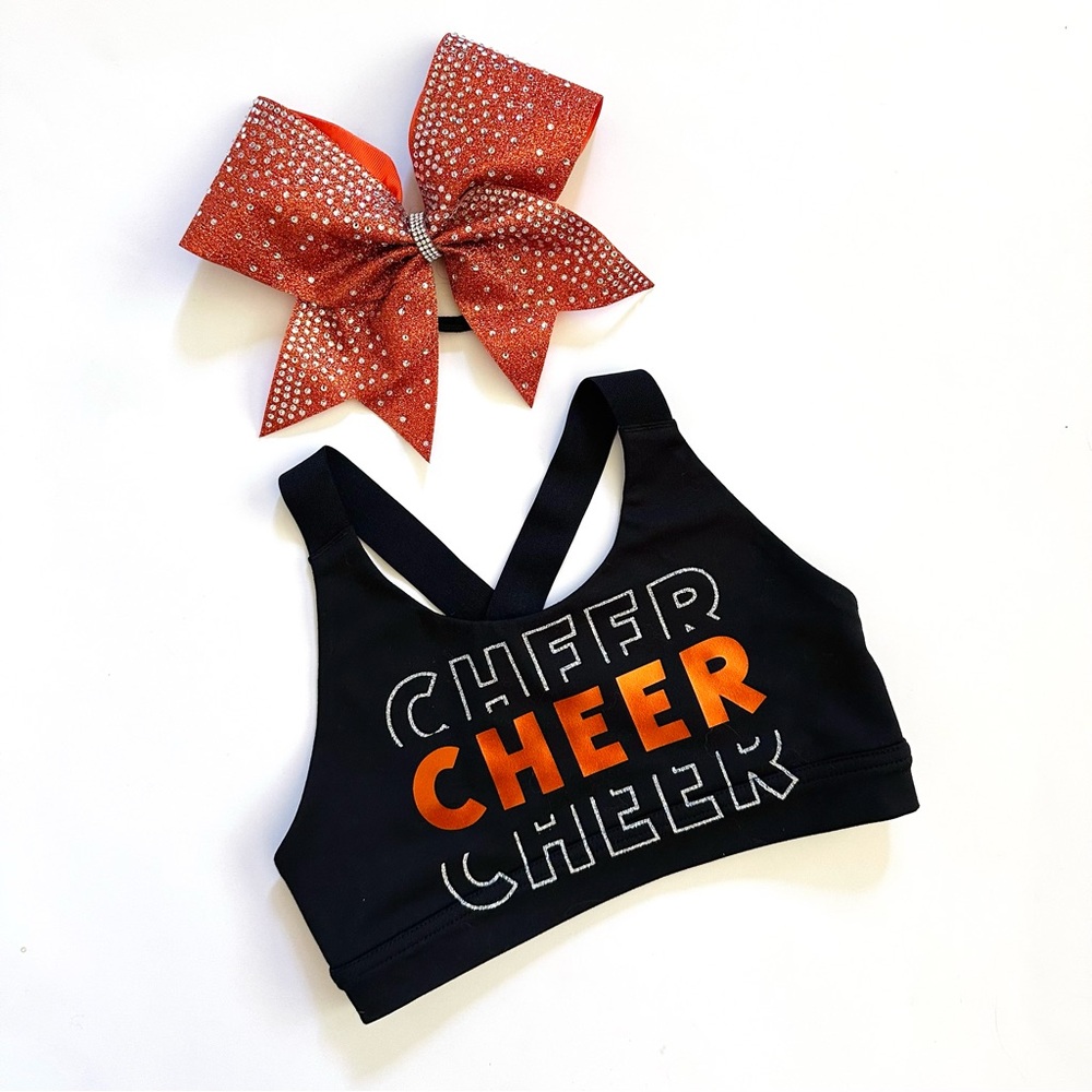 Black and Copper Orange Cheer Sports Bra & Bow